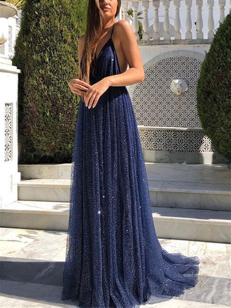 Sparkly A Line V Neck Backless Sequins Navy Blue Prom Dresses Navy Bl Abcprom