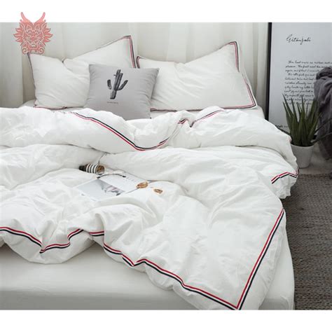 Japanese Style 8 Colors Solid Side Striped Bedding Sets Washed Cotton Duvet Cover Set Fitted