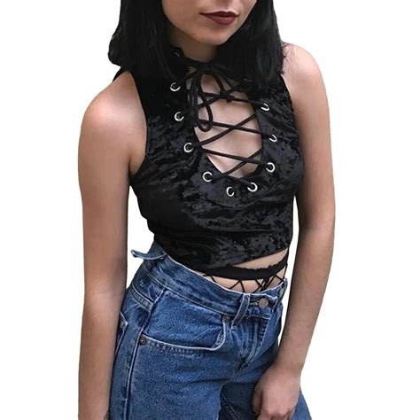 Sexy Women Lace Up Crop Top Summer Velour Cropped Ladies T Shirt Hollow Out Tank Top Vest