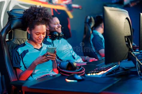 Cybersport Gamer Playing Mobile Game On Cellphone In Cyber Club Stock Image Image Of Headset