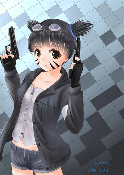 Wallpaper Gun Anime Girls Short Hair Shorts Weapon Cartoon Black Hair Brown Eyes