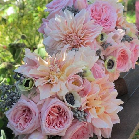 Inspirational Bouquet Blush Colored Dahlias With Medium Pink Roses