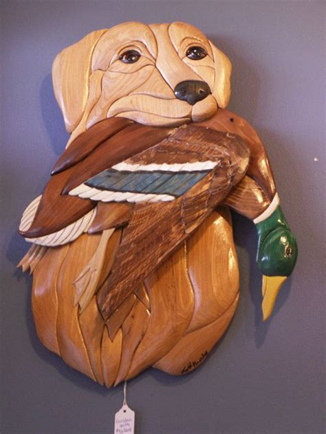 Handmade Intarsia Wood Dog Art Golden Retriever And Mallard Intarsia