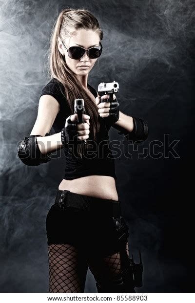 Shot Sexy Military Woman Posing Guns Stock Photo 85588903 Shutterstock