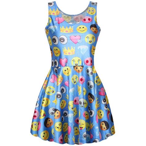 Blue Funny Womens Emoji Printed Flare Cute Skater Dress Featuring