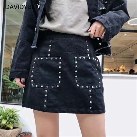 autumn rivet black denim skirts women punk rock mini skirt streetwear jupe femme korean high