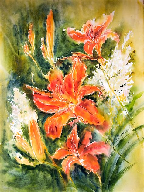Tiger Lilies Painting Watercolor Flowers Nadezhda Bogomolova