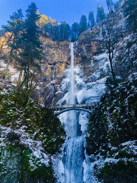 Multnomah Falls In Oregon After Some Snow Routdoors