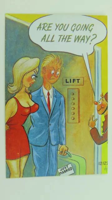 VINTAGE RISQUE COMIC Postcard Blonde Big Boobs Wedding Honeymoon Elevator Lift PicClick