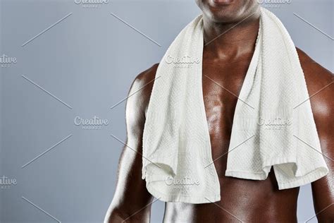 Towel Over Shoulders Of Muscular Smiling Man Smiling Man African Men