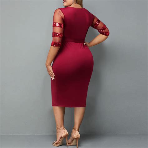 Wholesale Women Elegant Mesh Sequins Patchwork Plus Size Solid Color