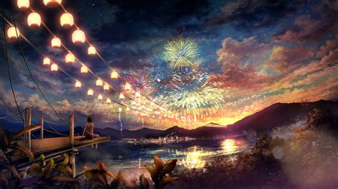 Clouds Landscapes Trees Fireworks Scenic Anime Anime Girls Cities
