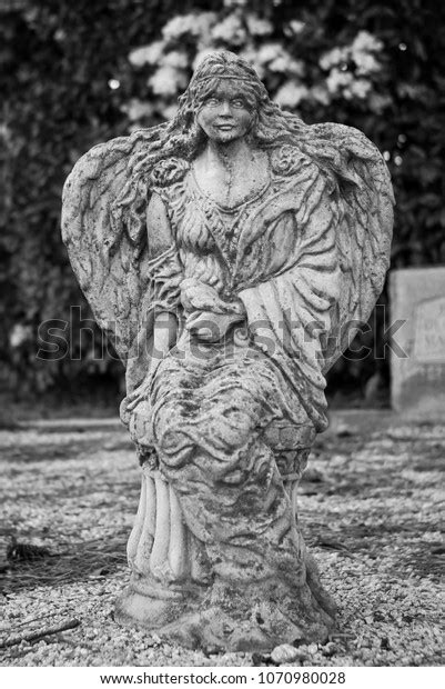 Gothic Angel Statue Cemetery Black White Stock Photo 1070980028