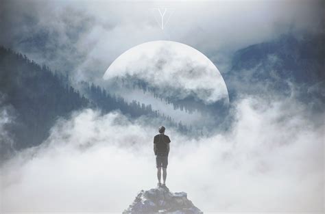 Painting Of Person Standing On The Edge Of Cliff Facing The Moon Hd