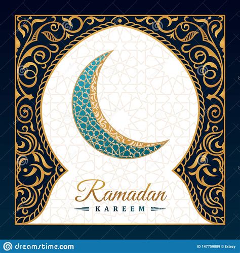 Ramadan Kareem Islamic Greeting Card Eastern Design Line Mosque With