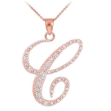 14k Rose Gold Letter Script C Diamond Initial Pendant Necklace