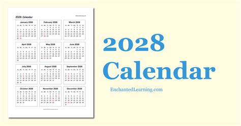 2028 One Page Calendar Enchanted Learning