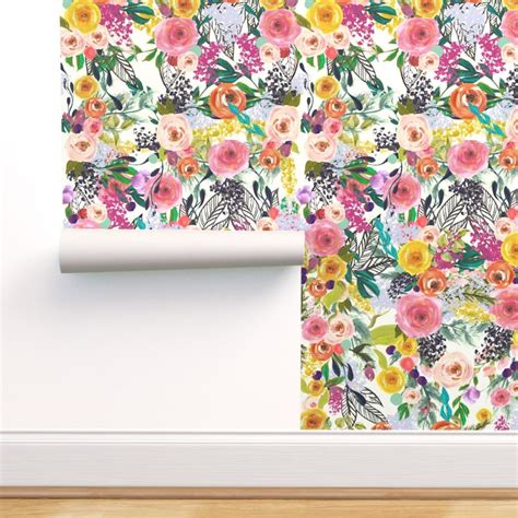 Bold Floral Wallpaper Bright Blooms Painted Floral By Etsy