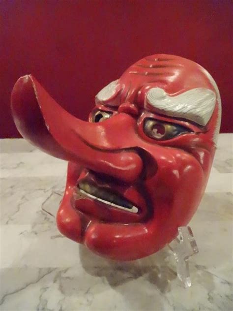 ASIAN CARVED WOOD TENGU MASK LONG NOSE RED PAINTED Lot