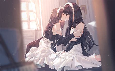 Lesbians Closed Eyes Two Women Anime Anime Girls Kissing Yuri Maid X Wallpaper