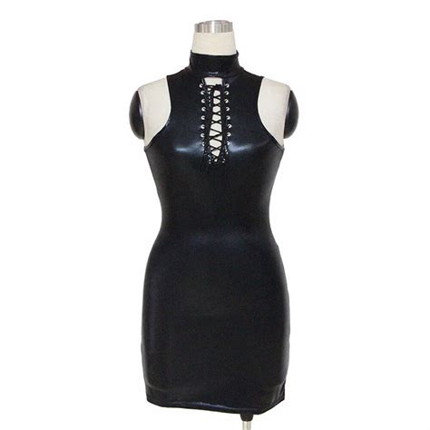 Sexy Wetlook Vinyl Leather Turtleneck Dress Women Skiny Dresses Black