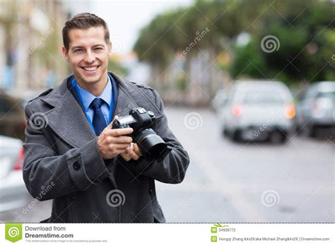 Journalist Holding Camera Stock Photo Image Of Outdoors 34939772