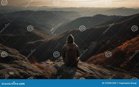 Men Hiking Mountain Peak Enjoying Tranquil Sunset Generated By Ai
