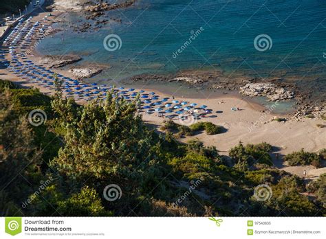 Famous Nudist Beach In Faliraki Top View Of The Beach In Rhodes Stock Image Image Of Holiday