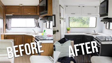 Our Diy Camper Kitchen Reveal How To Paint Oak Cabinets In An Rv