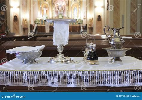 Catholic Liturgical Object Chalice Communion Wafers Wine Water