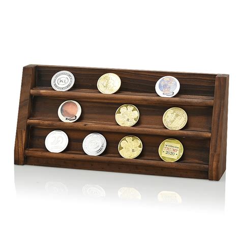 Wooden Challenge Collectible Coin Holder Display Rack Stand Case Shelf
