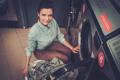 Woman Doing Laundry At Laundromat Shop Stock Image Image Of