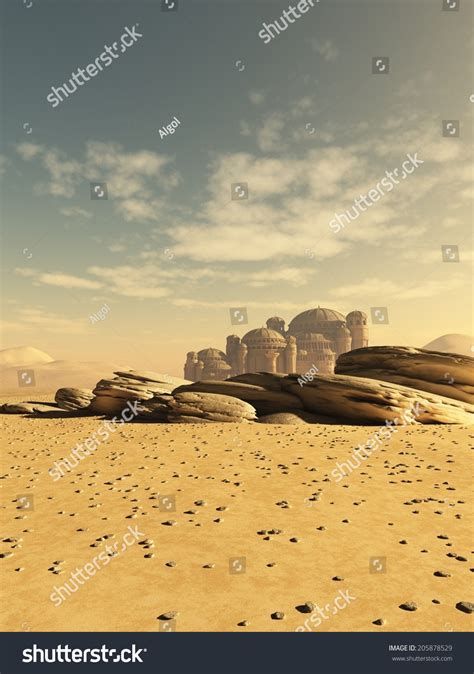 Fantasy Or Science Fiction Illustration Of A Distant Town In The Desert