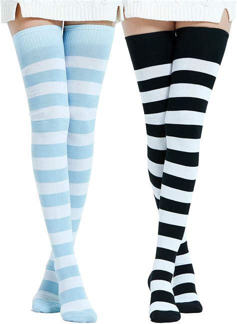 Amazon Com Kayhoma Extra Long Cotton Stripe Thigh High Socks Over The