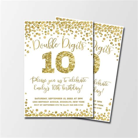 Double Digits Birthday Invitation Gold Th Birthday Etsy