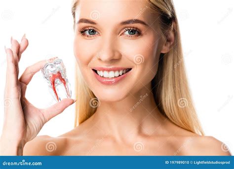 Smiling Woman With White Teeth Holding Tooth Model Isolated On White