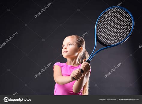 Cute Little Girl Tennis Racket Dark Background Stock Photo By