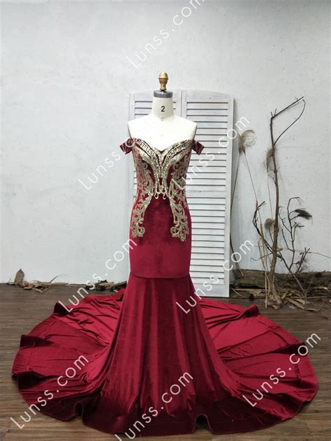 Burgundy Velvet Off Shoulder Mermaid Prom Dress With Gold Lace And Long