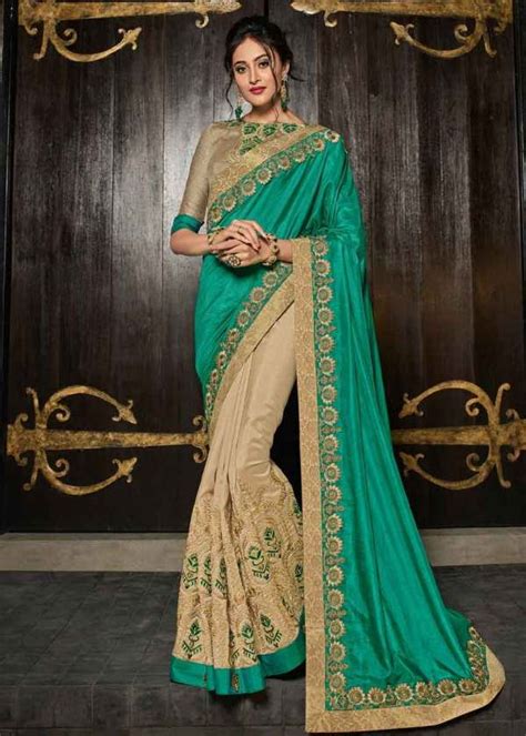 Green And Beige Color Heavy Work Two Tone Silk Saree Gunj Fashion Fashion Saree Party Wear