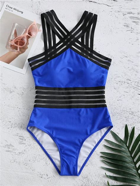 Women Swimwear Striped Mesh Patchwork Solid One Piece Swimsuits In
