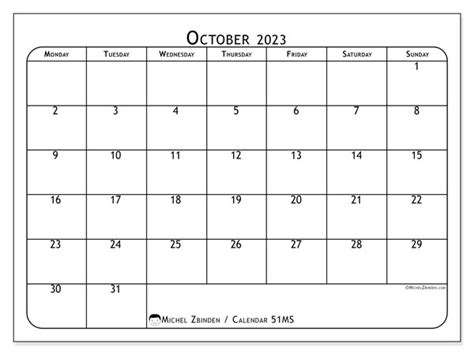 October 2023 Printable Calendar “501ms” Michel Zbinden Au