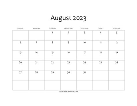 August 2023 Calendar Templates