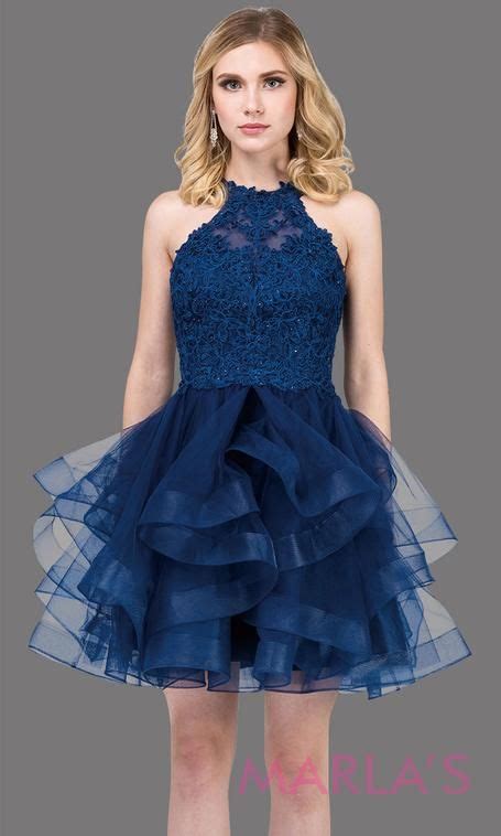 30784 Short High Neck Lace Navy Blue Grade 8 Grad Dress With Frilly