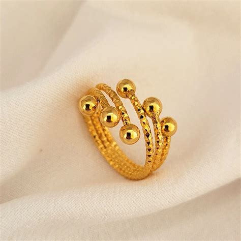 24k Gold Color Finger Rings For Women Multi Beads Open Ring Adjustable
