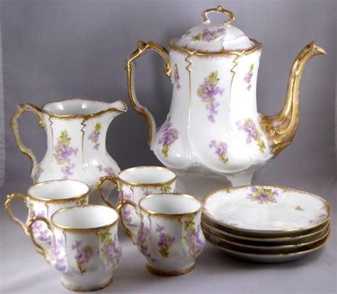 Hand Painted And Signed Limoges Chocolate Pot W Pitcher And Four Cups