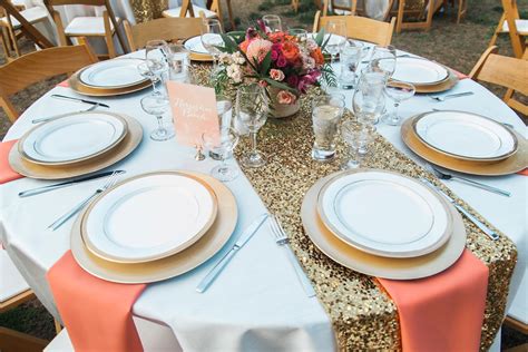 Whenever i set a table for friends or family, i often use a charger plate underneath the dinner plate. Glam Gold and Coral Table Setting with Sequined Linens