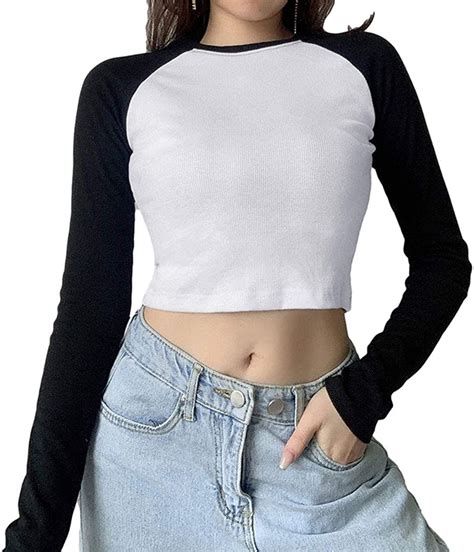 Amebelle Womens Sexy Long Sleeve Cropped Tops Slim Fit Color Block