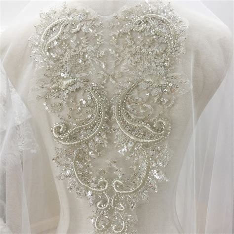 D Beaded Bridal Lace Applique With Sequins On Silver Thread Etsy