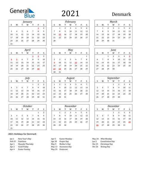 2021 Denmark Calendar With Holidays