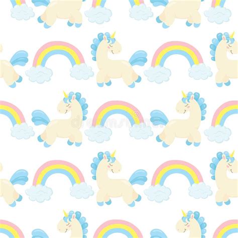 Vector Seamless Pattern With Cute Unicorns Rainbows And Clouds Stock